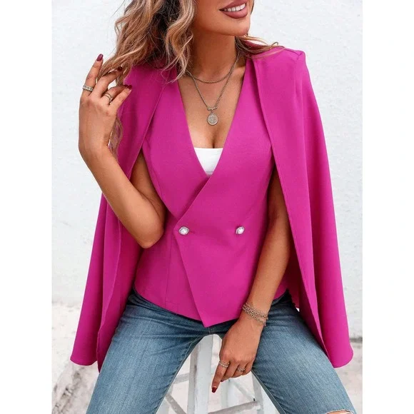 hot pink Solid Double Button Cape Blazer - Picture 2 of 4